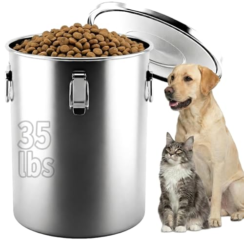 304 Stainless Steel Dog Food Storage Container, 35LB/40LB Airtight Pet Food Container with Locking Lid & Silicone Seal, Large Metal Food Storage Bin for Dry Dog/Cat Food, Rice, Flour (35 LBS) - size: 35 LBS