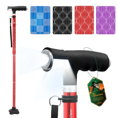BeneCane Walking Cane for Women Folding Cane for Men with Two Led Lights Quad Cane with Stable Base Lightweight and Adjustable Walking Stick - color: Carved Red