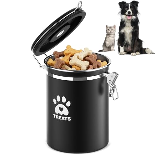 ENONCI Airtight Dog Treat Canister, 304 Stainless Steel Food Storage Jar with Date Dial Black-1.8L - color: Black, size: 1.8l