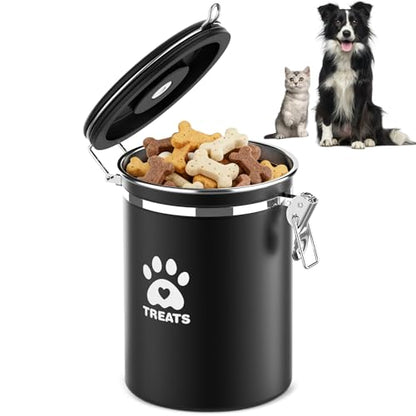 ENONCI Airtight Dog Treat Canister, 304 Stainless Steel Food Storage Jar with Date Dial Black-1.8L - color: Black, size: 1.8l