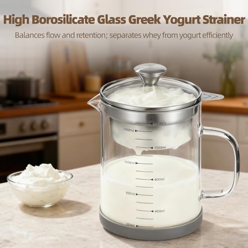 Greek Yogurt Strainer, 50 oz Nut Milk Strainer, Juice Food Strainer, Glass Teapot with Mesh Strainer, Iced Tea Pitcher, 1500 ml Heat & Cold Resistant High Borosilicate Glass Jug with Handle and Lid