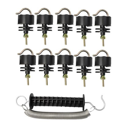 Heavy Duty PP Electric Fence Spring Gate Kit with Handles | With 10-Pack Insulators for Farm, Ranch, Garden, Toolless Strain Insulator Kit For Chain Link, Metal T-Post Farm Fence