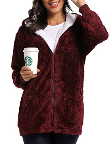 Fleece Coat for Women,Women's Oversized Zip Up Hooded Jacket Winter Plus Size Sherpa Coat - color: Awinered, size: Large