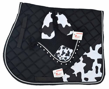 Cow Print Saddle Pad Set with Matching Ear Bonnet – Animal Print Horse Riding Gear – Non-Slip & Breathable – Western/English Show - size: Cob