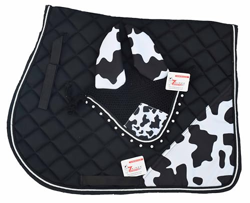 Cow Print Saddle Pad Set with Matching Ear Bonnet – Animal Print Horse Riding Gear – Non-Slip & Breathable – Western/English Show - size: Pony