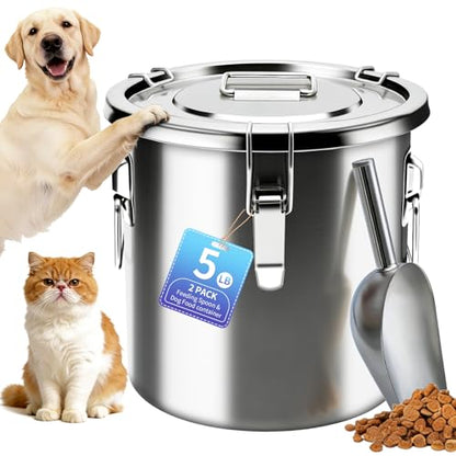 5LB Stainless Steel Dog Food Storage Container, Airtight Metal Pet Food Storage Bin with Lid and Scoop, Large Dog Food Container for Dry Food, Keep Fresh, Easy to Clean