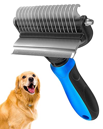 [ 2 in 1 design ] Undercoat Rake and Deshedding Tool for Dogs and Cats - Dematting Comb for Long Hair Pets, Grooming Brush to Clear Mats, Tangles and Reduce Shedding by 95% - color: Blue