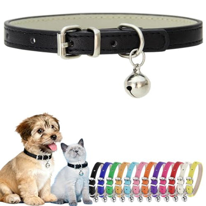 XXS Dog Collar with Bell, PU Leather Male Puppy Collar with Bells Black - color: Black, size: XXS (5-8 inches)