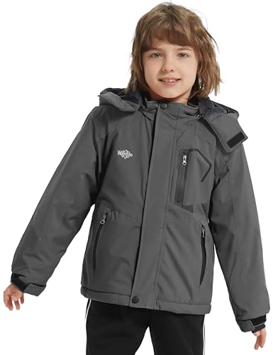 Wantdo Boy's Waterproof Ski Jacket Fleece Snowboarding Jackets Warm Thick Winter Coat Hooded Raincoats - color: Dark Gray, size: 8-9