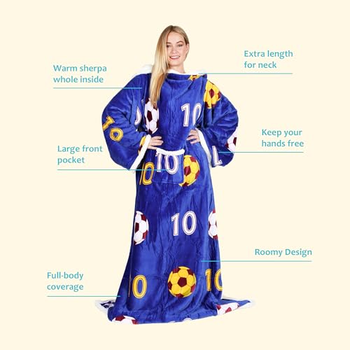 Catalonia Sherpa Wearable Blanket with Sleeves and Pocket for Adults - color: Soccer Team Blue, size: Standard Pocket