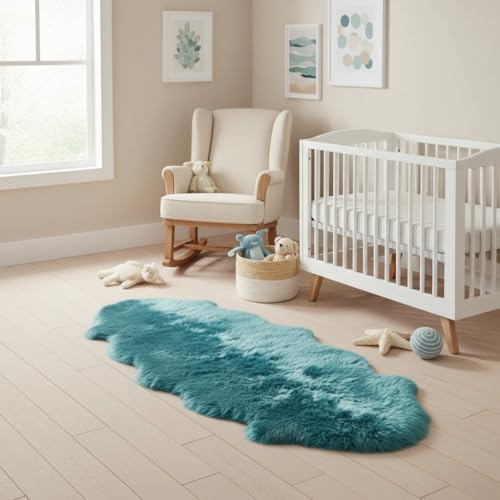 Premium Genuine Sheepskin Rug 2' x 6' Long Fur Soft & Natural Bedside Area Rug, Beach Blue, Double Pelt - color: Beach Blue, size: 2' x 6' (Natural)