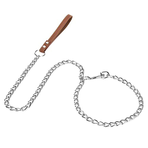 SGODA Chain Dog Leash with Leather Handle 4 Feet Brown - color: Brown