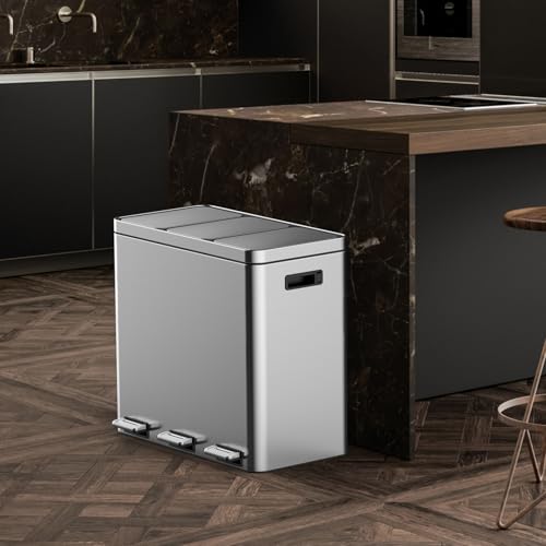 3 Compartment Trash Can, 3 x 5.3 Gallon Kitchen Bin, Stainless Steel Recycling Bin, with Soft-Close Lids & Removable Inner Baskets, for Kitchen Home Office - size: 3 x 5.2 Gallon