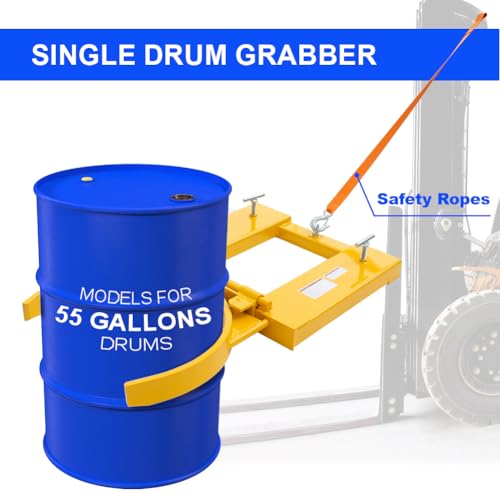 Drum Grabber 1500lbs Capacity Single Fork Mounted Drum Gripper, Hinged Folding Arm Design for 55 Gallon Drums up to 22.4" Diameter, Yellow - color: Single Drum Grab