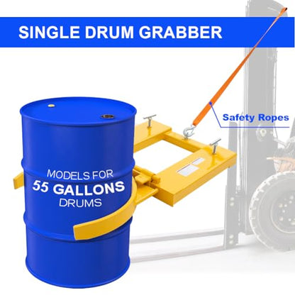 Drum Grabber 1500lbs Capacity Single Fork Mounted Drum Gripper, Hinged Folding Arm Design for 55 Gallon Drums up to 22.4" Diameter, Yellow - color: Single Drum Grab