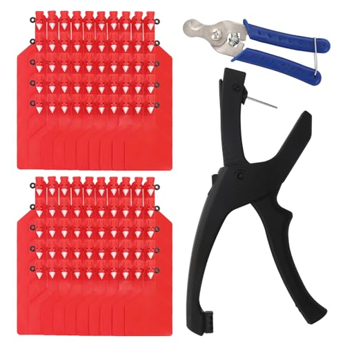 100 Pack Large Blank Cattle Ear Tags with Applicator, One-Piece TPU Livestock Ear Tags for Cattle Cow Calf Bull Sheep Goat Pig Horse, Animal Identification Tags for Farm Ranch (Red, 100PCS - Blank) - color: Red, size: 100PCS - Blank