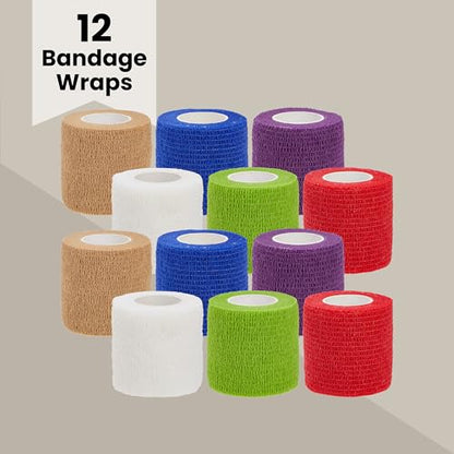 Juvale Stretch Vet Wrap - Self-Adherent Pet First Aid Tape - Secure Ankle Wrap & Wrist Support - Athletic Tape for Sports Use - Pack of 12, 2 in x 6 yd, 6 Colors