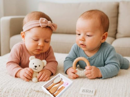 BRH 4 Piece Wooden Baby Hair Brush and Comb Set, Wooden Baby Care Kit with Soft Goat Bristle Brush,Baby Massage Brush, Baby Essentials Girl –Baby Hair Care Set for Newborn boy & Girls