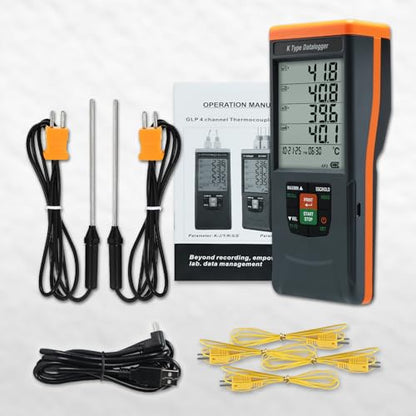 Digital Thermocouple Thermometer, 4 Channel Data Logger Thermometer with 48,000 Groups Data Records, -328~2498℉ Measuring Range Thermocouple Reader with Buzzer and Visible Alarm - color: Grey