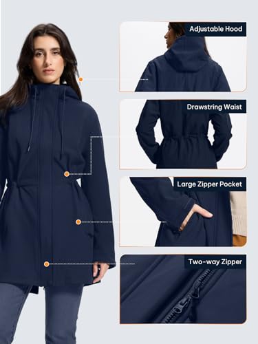 SaphiRose Women's Waterproof Rain Jacket with Fleece Lining Hooded Windbreaker Long Warm Outdoor Softshell Coat - color: Navy, size: X-Large