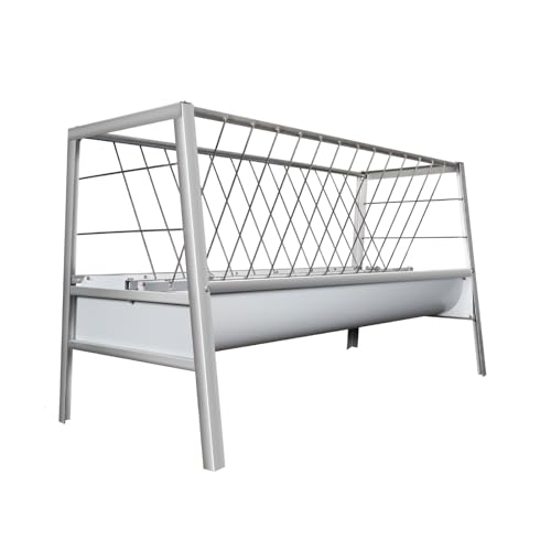 Livestock Grain & Hay Feeder for Goats, 90 Gallon Large Capacity Pasture Hay Feeder with Deeper 23.6 Inch Wide Grain Trough, 59-Inch Long Stainless Steel Goat Hay Feeder for Goats, Sheep, Horse