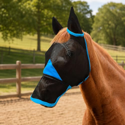 Hilltown Horse Fly Mask with Ears and Nose Cover - Full, Blue - color: Sky Blue, size: FULL