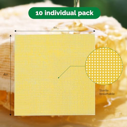 Greetmed Honey Gauze Wound Dressing 4" x 4" Medical Grade Manuka Honey Wound Care Pads Honey Bandages for 1st & 2nd-Degree Burns, Abrasions, Cuts and Scalds (Individually Pack of 10) - size: 4“ x 4”(10 Packs)