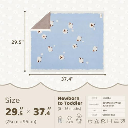 Luxe Merino Wool Cotton Baby Blanket Ultra-Soft, Temperature-Regulating Swaddle Blanket for Newborns, Receiving Blanket, and Nursery Throw 29.5" x 37.4", Machine Washable - color: Glacial Blue