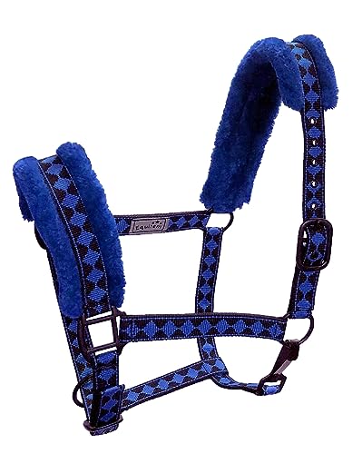 Cob Horse Sized Jacquard Diamond Nylon Halter with Fleece Padded Nose and Crown and Black Trim and Black Coated Hardware - color: Blue