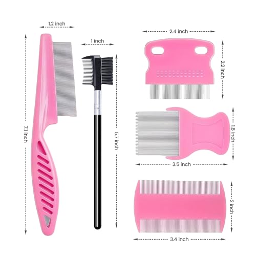 MEDUWEDU 5 Pack Flea & Lice Comb Set for Cats, Dogs & Kids – Stainless Steel Fine Tooth Nit Comb Kit with Double-Sided Tear Stain Remover, Grooming Brush & Peine para Piojos for Thick Hair (Pink) - color: Pink