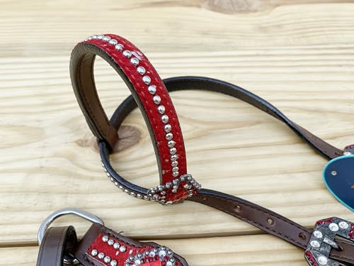 Western Leather Headstall & Breast Collar Set for Horses - Valentine’s Day Silver Metallic Cowhide with Rhinestones - color: Red