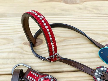 Western Leather Headstall & Breast Collar Set for Horses - Valentine’s Day Silver Metallic Cowhide with Rhinestones - color: Red