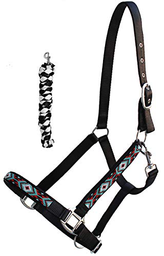 CHALLENGER Nylon Horse Beaded Halter Nickle Plated Hardware w/Lead Rope Tack Blue 606175 - color: Black, size: Cob Size