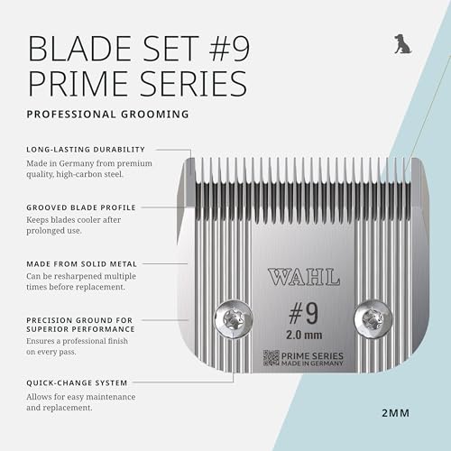 Wahl Pro Animal Prime Series Blades - Professional Fine Tooth Pet Clipper for Horse, Cat & Dog Grooming - Made from High-Carbon Steel - #9, 2.0mm - size: #9