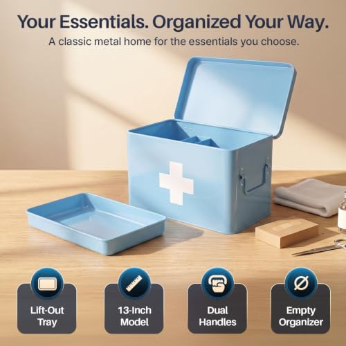 Flexzion Large Metal First Aid Box Empty, 13-Inch, Blue with White Cross - color: Blue, size: 13 Inch without Latch Lock