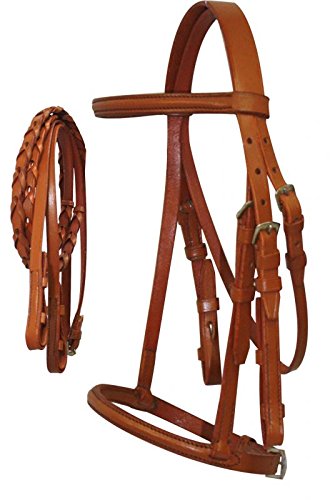 Cobb Size English Headstall w/Raised Browband & Braided Leather Reins - color: Light