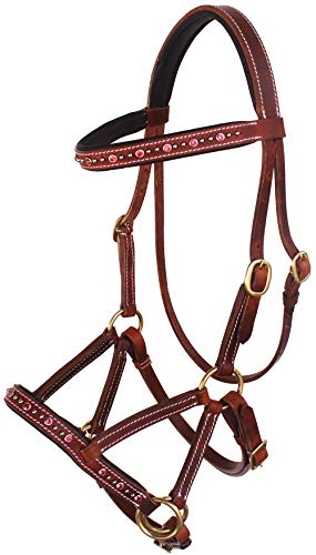Horse Western Leather Beaded Bitless Sidepull Bridle Reins Rhinestone - color: Tan/Pink