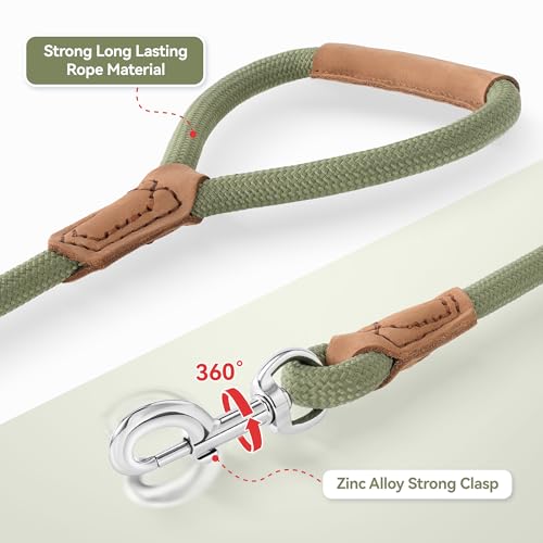 Mile High Life Dog Leash with Genuine Leather-Wrapped Ends/Handle, 4/5/6FT - color: Olive Green, size: 48 Inch-1/2"