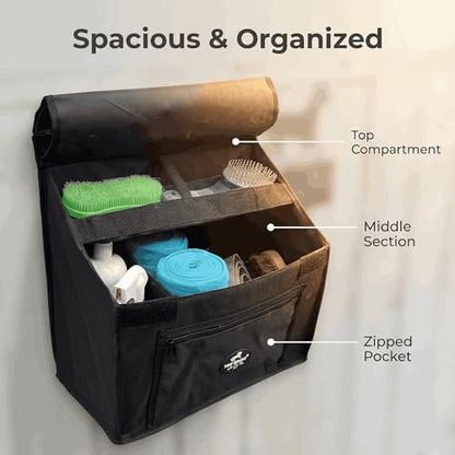 Stall Front Organizer Bag, Black, Multi-Compartment Storage, Horse Grooming Supply Holder with Top Loading Design