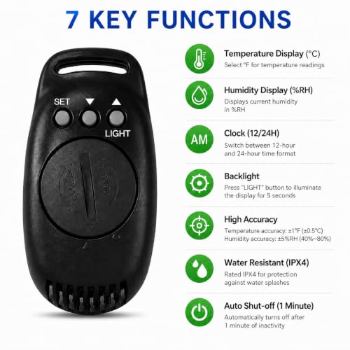 Portable Digital Thermometer Hygrometer, Mini Indoor Outdoor Temperature Humidity Monitor with Clock, Backlight & IPX4 Splash Proof, Compact Travel Thermometer for Backpack, Greenhouse, Camping