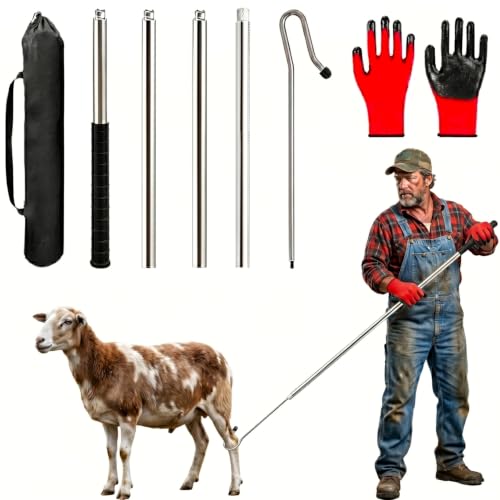 Goat Sheep Catcher Hook, Adjustable Calf Grabber Tool, Heavy-Duty 304 Stainless Steel, 31–79 Inches, Shepherd’s Crook Design, Includes Storage Bag and Protective Gloves, Goat Horn Cover，Ball
