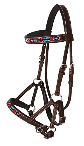 Horse Brown Leather Beaded Bitless Padded Sidepull Bridle w/ Reins 77RS17 - color: Brown/Beaded