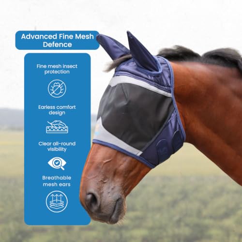 Shires FlyGuard Pro Fine Mesh Fly Mask with Ears & Open Forelock – Cob Size | Lightweight Breathable Mesh Fly & Insect Protection |Turnout, Grazing & Stable Use | Navy Colour - color: Navy, size: Cob