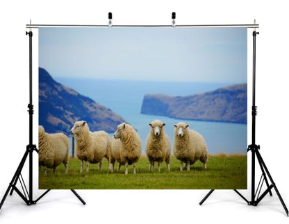 17x10ft Fabric Coastal Grassland Backdrop Wool Sheep Ocean Bay Hills Photography Background Tapestry Party Farm Countryside Scenery Decorations Banner Photo Booth Props - size: 17x10ft