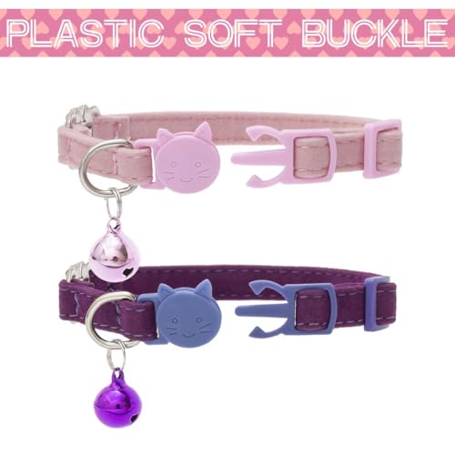 BINGPET Cat Collar Breakaway with Bell, Bling Kitten Collar,Pink&Purple - color: Heart (Pink + Purple)-2pcs