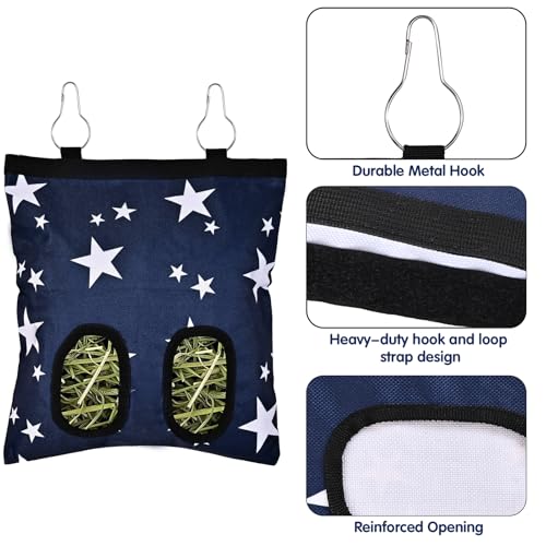 Upgraded Rabbits Hay Feeder Bag for Bunny, Guinea Pigs, Chinchillas - Hanging Washable 2-Hole Hay Dispenser with 600D Oxford Fabric, Small Animal Cage Accessories （Blue Star and Blue Daisy） - color: Blue Star and Blue Daisy