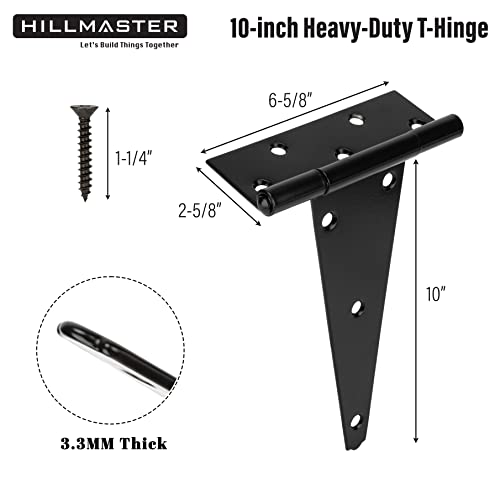 HILLMASTER 10 Inch T-Strap Heavy Duty Shed Door Hinges Gate Strap Hinges Black Tee Hinge Wrought Hardware for Wooden Fences,Yard,Barn Door,Rustproof (2 Pack) - size: 10in 2Pack