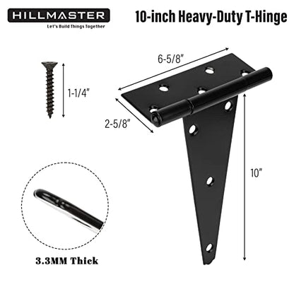 HILLMASTER 10 Inch T-Strap Heavy Duty Shed Door Hinges Gate Strap Hinges Black Tee Hinge Wrought Hardware for Wooden Fences,Yard,Barn Door,Rustproof (4 Pack) - size: 10in 4Pack