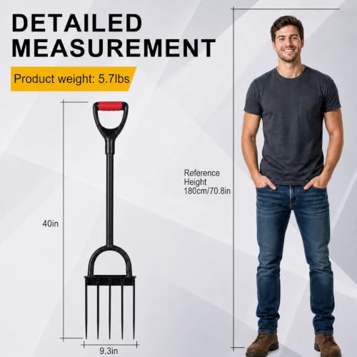 5-Tine Heavy Duty Pitch Fork for Gardening - Long Handled Digging Fork Garden Claw Weeder