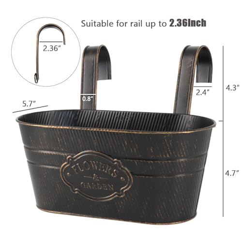 3 Pack Metal Railing Planters, 10.5" Oval Hanging Flower Pots with Detachable Hooks & Drainage Holes, Fits Rails up to 2.36", Galvanized Iron Fence Bucket for Balcony Garden Patio - Letter Black - color: Letter Black, size: 3 Pack, 10.5"L x 5.7"W x 4.7"H